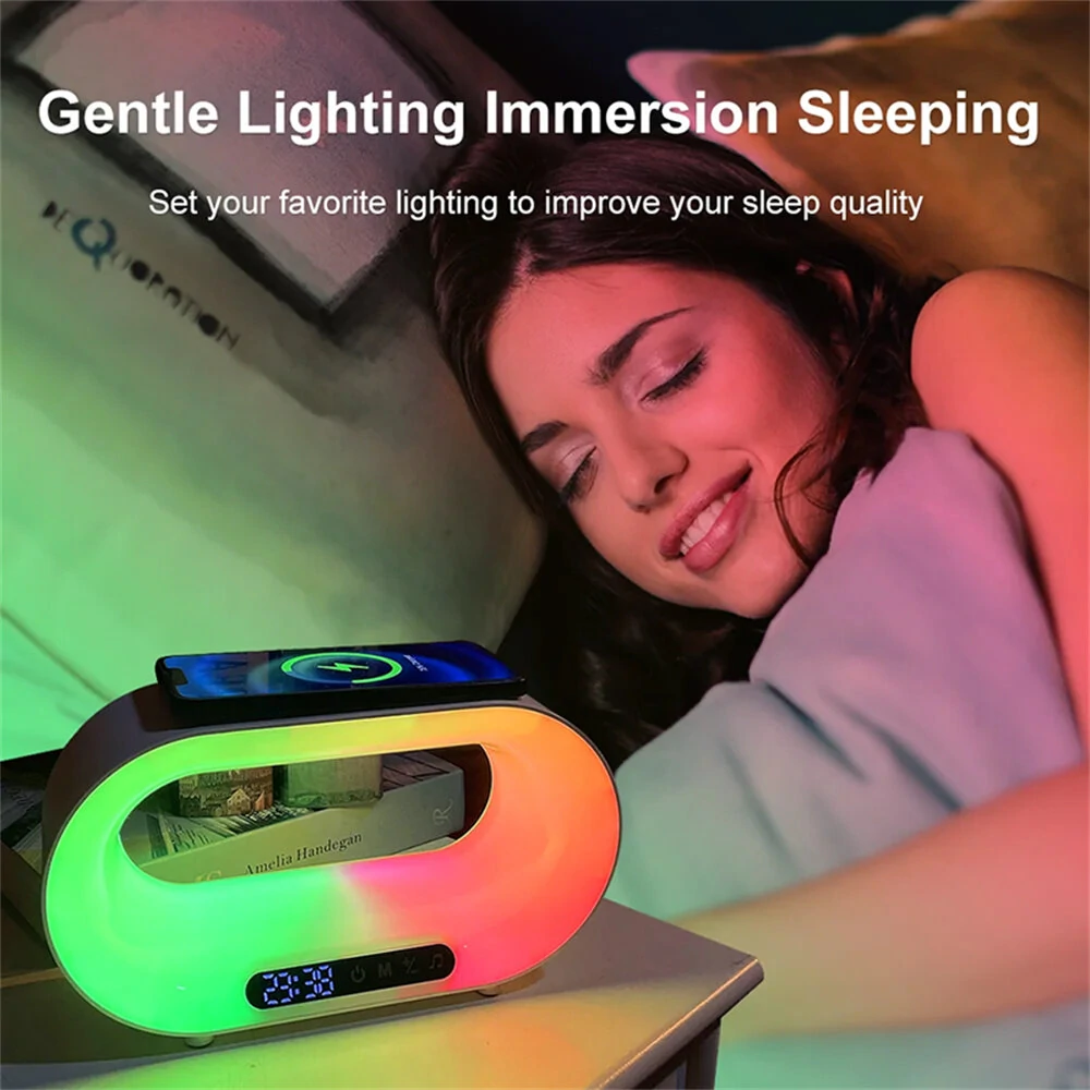 (image for) Multi-function 3 In 1 LED Night Light APP Control RGB Atmosphere Desk Lamp Smart Multifunctional Wireless Charger Alarm Clock